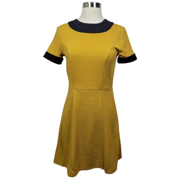 Smak Parlour Mustard Yellow Fit & Flare Dress S Retro Mod Contrast Trim - Picture 1 of 9
